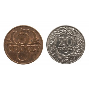 Polska, II Rzeczpospolita (1918-1939), zestaw 2 monet 5 gr 1938, 20 gr 1923.