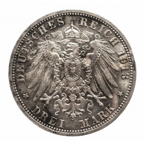 Deutschland, Deutsches Reich (1871-1918), Preußen, Wilhelm II. 1888-1918, 3 Mark 1913 A, Büste des Kaisers in Uniform, Berlin.