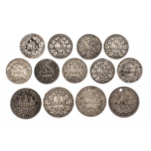 Niemcy, Cesarstwo Niemieckie (1871-1918), zestaw 13 monet 1/2 marka ; 1 marka 1876-1914