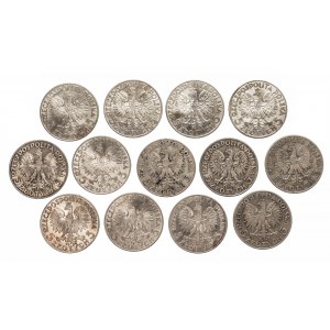Polen, Zweite Polnische Republik (1918-1939), Satz von 13 Münzen 5 Zloty 1932-1934 Frauenkopf, Warschau