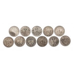 Niemcy, Trzecia Rzesza (1933 - 1945), zestaw 11 monet 5 marek 1934-1939