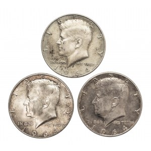 Stany Zjednoczone Ameryki (USA), zestaw 3 srebrnych półdolarówek 1964.