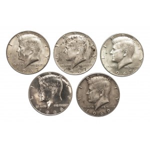 Stany Zjednoczone Ameryki (USA), zestaw 5 srebrnych półdolarówek 1966-1969.
