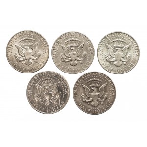 Stany Zjednoczone Ameryki (USA), zestaw 5 srebrnych półdolarówek 1966-1969.