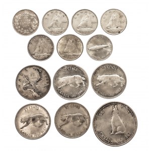 Kanada, zestaw 13 srebrnych monet 1917-1967.