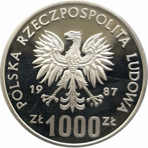 Polska, PRL (1944-1989), 1000 złotych 1987, Igrzyska XXIV Olimpiady 1988 - Łuczniczka - próba, srebro (1)