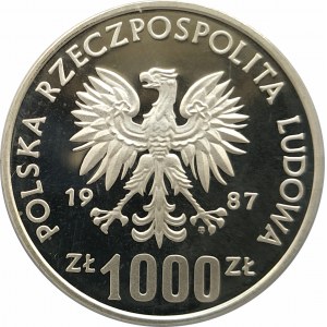 Polska, PRL (1944-1989), 1000 złotych 1987, Igrzyska XXIV Olimpiady 1988 - Łuczniczka - próba, srebro (2)