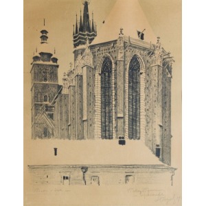 Leon WYCZÓŁKOWSKI, WIDOK OD WSCHODU NA KOŚCIÓŁ MARIACKI W KRAKOWIE, 1926