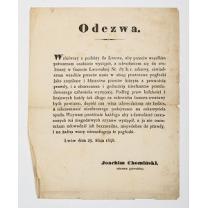 ODEZWA SEKRETARZA GUBERNIALNEGO Joachima Chomińskiego, Lwów, 29.05.1848