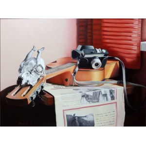 Rafal Hadala, Still life with guitar and skull, 2014