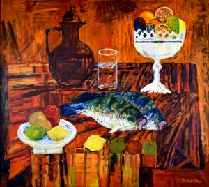 Jan SZANCENBACH (1928-1998), Martwa natura z rybami, 1984