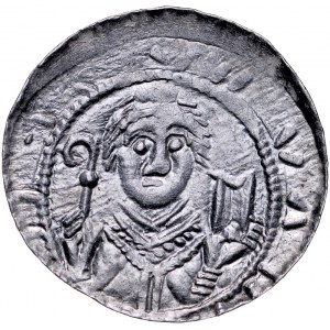 Władysław II Wygnaniec 1138-1146, Denar, Av.: Książę z mieczem i tarczą, na niej ornament, w polu odwrócona litera N i półksiężyc, Rv.: Biskup z pastorałem, biblią, i krzyżem.