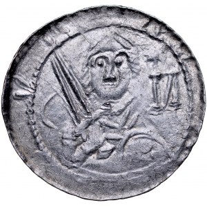 Władysław II Wygnaniec 1138-1146, Denar, Av.: Książę z mieczem i tarczą, na niej ornament, w polu odwrócona litera N i półksiężyc, Rv.: Biskup z pastorałem, biblią, i krzyżem.