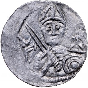 Władysław II Wygnaniec 1138-1146, Denar, Av.: Książę z mieczem i tarczą, na niej duża kropka, w polu hełm i ptak?, Rv.: Biskup z pastorałem i biblią.