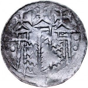 Bolesław III Krzywousty 1107-1138, Denar, Av.: Stojący książę z włócznią i tarczą, napis: BOLE - ZLAV, Rv.: Budowla z trzema wieżami.