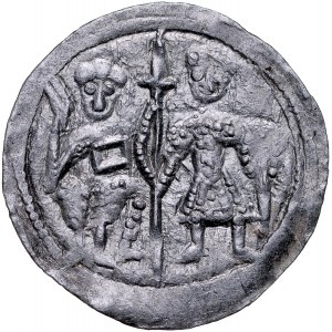 Bolesław III Krzywousty 1107-1138, Denar, Av.: Książę i Św. Wojciech, Rv.: Krzyż, między ramionami kropki, napis.