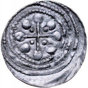 Bolesław III Krzywousty 1107-1138, Denar, Av.: Walka ze smokiem, Rv.: Krzyż o ramionach zakończonych kulami, między ramionami duże kule i małe kropki..