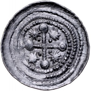 Bolesław III Krzywousty 1107-1138, Denar, Av.: Walka ze smokiem, Rv.: Krzyż o ramionach zakończonych kulami z kropką, między ramionami gwiazdki i kropki.