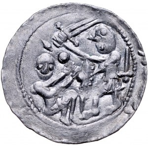 Władysław II Wygnaniec 1138-1146, Denar, Av.: Książę i jeniec, Rv.: Orzeł i zając, nad nim krzyż i kula, pod nim dwie kreski.