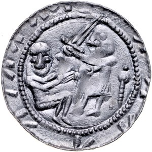 Władysław II Wygnaniec 1138-1146, Denar, Av.: Książę i jeniec, Rv.: Orzeł i zając, w polu 4 gwiazdy.