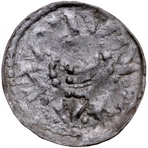 Bolesław Śmiały 1058-1079, Denar, typ książęcy, Av.: Mała głowa i napis otokowy, Rv.: Książe z włócznią na koniu, w polu 3 kropki.