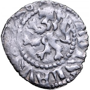 Władysław Opolczyk 1372-1379, Kwartnik ruski, Av.: Litera W w ornamencie, napis: MONETA RUSSIE Rv.: Lew, napis: WLADISLAVS DVX. RRR.