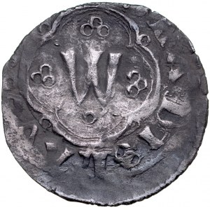 Władysław Opolczyk 1372-1379, Kwartnik ruski, Av.: Litera W w ornamencie, Rv.: Lew.