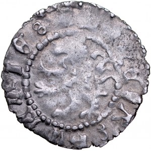 Władysław Opolczyk 1372-1379, Kwartnik ruski, Av.: Litera W w ornamencie, napis: MONETA RVSSIE Rv.: Lew, napis: MONETA RVSSIE. RRR.