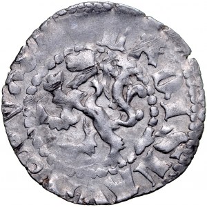 Władysław Opolczyk 1372-1379, Kwartnik ruski, Av.: Litera W w ornamencie, napis: MONETA RUSSIE Rv.: Lew, napis: WLADISLAVS DVX. RRR.