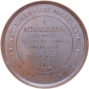 Medal autorstwa Alberta Barre z 1862 roku. Nagroda nadzwyczajna dla Antoniego Kisielewskiego, ucznia Szkoły Narodowej Polskiej w Batigniolles, za wyniki w nauce.