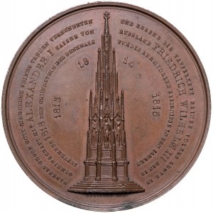 Medal autorstwa H.F Brandt'a z 1818 roku wybity na pamiątke położenia kamienia węgielnego pod pomnik zwycięstwa na Napoleonem.