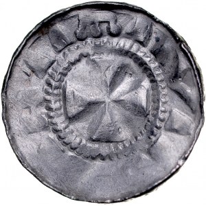 Denar krzyżowy XI w., Av.: Krzyż kawalerski, Rv.: Krzyż prosty, ramiona zakonczone krzyżykami z 3 kropek.