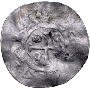 Bolesław Chrobry 992-1025, Denar, naśladownictwo denara typu Otto-Adelheid-Pfennige (OAP), Av.: Zbarbaryzowana kapliczka, w polu znaki, Rv.: Krzyż prosty, miądzy ramionami kółka, wokoło imitacja napisu.