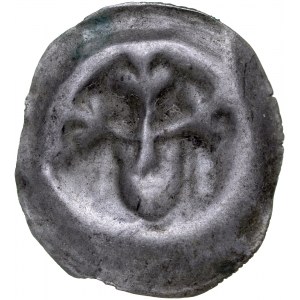 Brakteat guziczkowy II poł. XIII w., nieokreślona prowincja, Av.: Głowa w koronie z 3 lilii