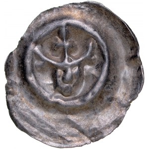 Brakteat guziczkowy II poł. XIII w., nieokreślona prowincja, Av.: Głowa w koronie z 3 lilii