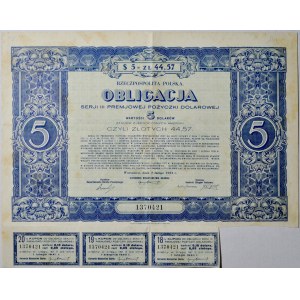 II RP, Obligacja serji III Premjowej Pożyczki Dolarowej wartości 5 dolarów, Warszawa 1 lutego 1931, razem 2 sztuki.