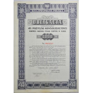 II RP, Obligacja 4 % Pożyczki Konsolidacyjnej wartości 1000 złotych w złocie, Warszawa 15 maja 1936, razem 4 sztuki.