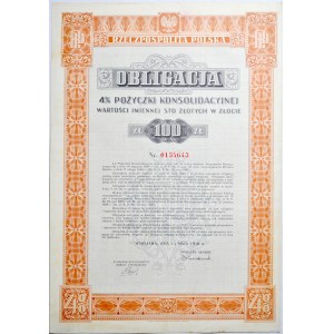 II RP, Obligacja 4 % Pożyczki Konsolidacyjnej wartości 100 złotych w złocie, Warszawa 15 maja 1936, razem 30 sztuk.