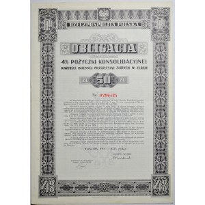 II RP, Obligacja 4 % Pożyczki Konsolidacyjnej wartości 50 złotych w złocie, Warszawa 15 maja 1936, razem 14 sztuk.