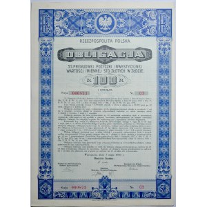II RP, Obligacja 3 % Premjowej Pożyczki Inwestycyjnej wartości 100 złotych w złocie, Warszawa 1 maja 1935, razem 11 sztuk.