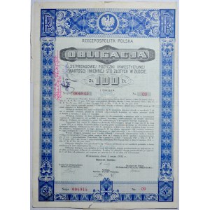 II RP, Obligacja 3 % Premjowej Pożyczki Inwestycyjnej wartości 100 złotych w złocie, Warszawa 1 maja 1935, adnotacja o wygranej premii.