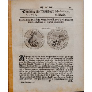 Prospekt informacyjny o medalu Augusta II z 1699 roku wybitym na pamiątkę odzyskania twierdzy w Kamieńcu Podolskim. Samlung Merkwuerdiger Medaillen A. 1738, 6 Woche.