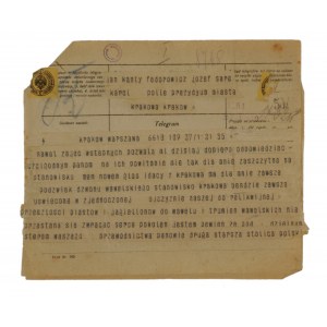 Paderewski Ignacy Jan, Telegramm an das Präsidium der Stadt Krakau, 27 I 1919
