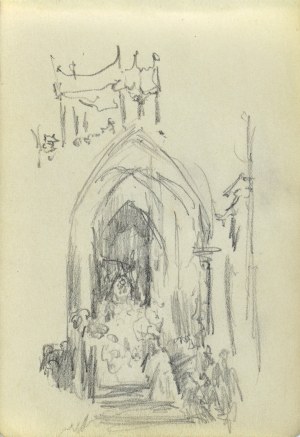 Józef PIENIĄŻEK (1888-1953), Wierni przed ołtarzem gotyckiego kościoła oraz szkic baldachimu procesyjnego
