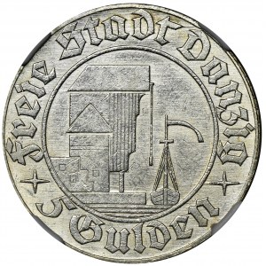 Wolne Miasto Gdańsk, 5 guldenów 1932 Żuraw - NGC MS61 - RZADKIE