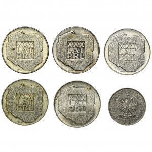 Zestaw, 1 złoty 1929 i 200 złotych 1974 XXX LAT PRL (6 szt.)