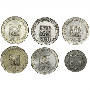 Zestaw, 1 złoty 1929 i 200 złotych 1974 XXX LAT PRL (6 szt.)