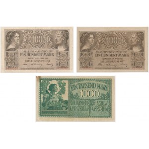 Kowno, zestaw 100-1.000 marek 1918 (3 szt.)