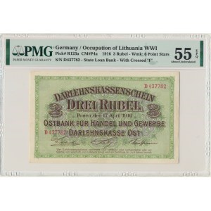 Poznań, 3 ruble 1916 - D - długa klauzula - PMG 55 EPQ - RZADKOŚĆ