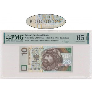 10 złotych 1994 - KD 0000025 - PMG 65 EPQ - niski numer